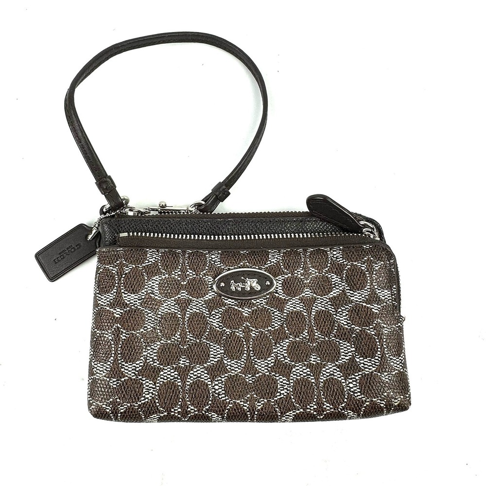 Coach Signature Wristlet Clutch Wallet Brown White Coated Canvas‎ Hangtag Purse